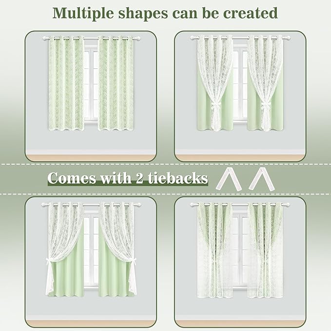 Yinhua Double Layer Blackout Curtains for Bedroom Green Curtains for Living Room 84 Inch Length 2 Panels Set Kid Curtain with Tiebacks, Grommet Drapes with Floral Sheer Overlay, 52" W x 63" L
