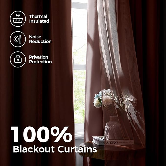 100% Blackout Curtains for Bedroom, Double Layer Pink Curtains, Black Out Curtain 63 inch Long with Sheer Overlay for Living Room, Room Darkening Window Drapes with Grommet, 52" W x 63" L