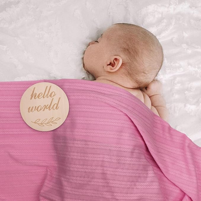 DRESHOW BQUBO Baby Swaddle Blankets for Girls, 4PCS Newborn Accessories Set with Matching Hat and Bow Headband with Hello World Wooden Birth Announcement Card