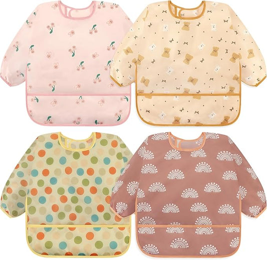 Accmor 4 Pack Long Sleeve Bibs, Baby Smock Waterproof Sleeved Bib Smock for Baby Toddler 6-36 Months