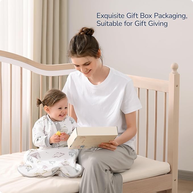 Baby Sleep Sack 6–12 Months, Cotton Sleep Sack with Detachable Long Sleeves, 1.0 TOG Wearable Blanket for Cooler Nights, 2-Way Zipper Toddler Sleeping Sack with Temperature Strip, Hot Air Balloon