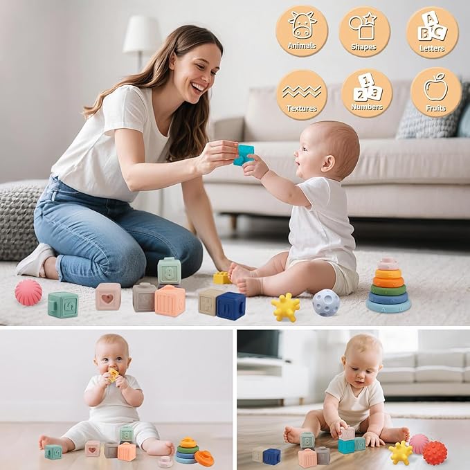 Montessori Toys Soft Stacking Building Blocks Rings Balls Sets 3 in 1 Baby Toys Bundle for Babies Sensory for Toddlers Teething Bath for Infants Learning Education Toy