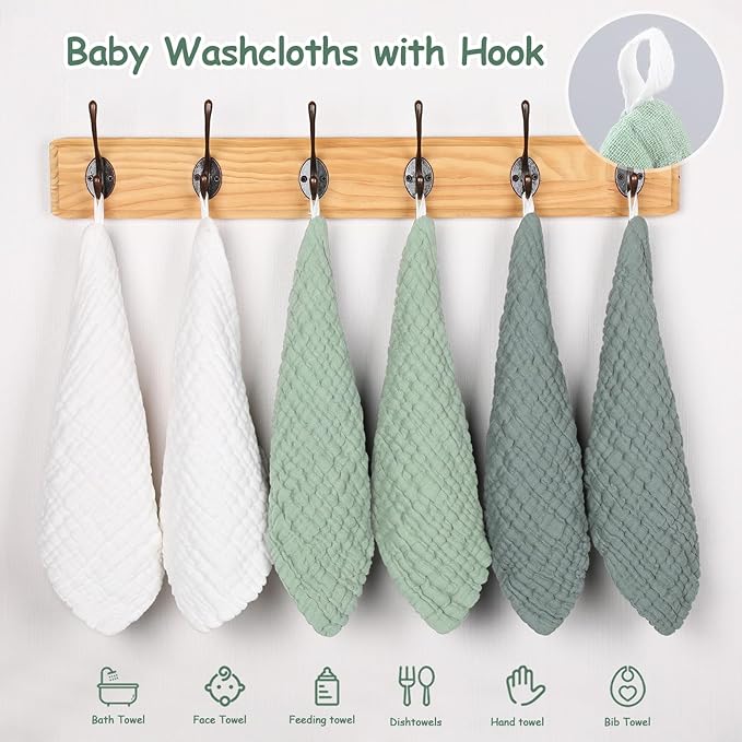 Looxii Muslin Baby Washcloths 6 Pack, 100% Cotton Baby Wash Cloths for Baby Face Body, 12x12 inches Large Soft Absorbent Face Towels for Newborns Gradient Green