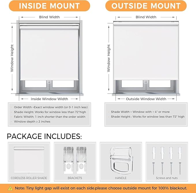 Cordless Roller Shades Blackout Blinds for Windows Room Darkening Rolled Up Shades with Spring System, UV Protection Window Shades Door Blinds for Home and Office,Bedroom (White, 23" W x 72" H)