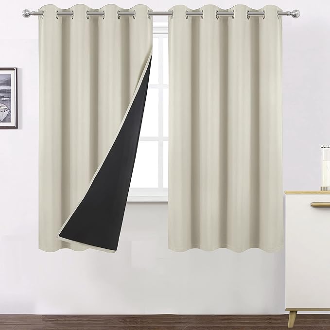 LEMOMO 100% Blackout Curtains 52 x 72 Inch/Light Beige Curtains 2 Panels with Black Liner Room Darkening Thermal Insulated Bedroom Curtains
