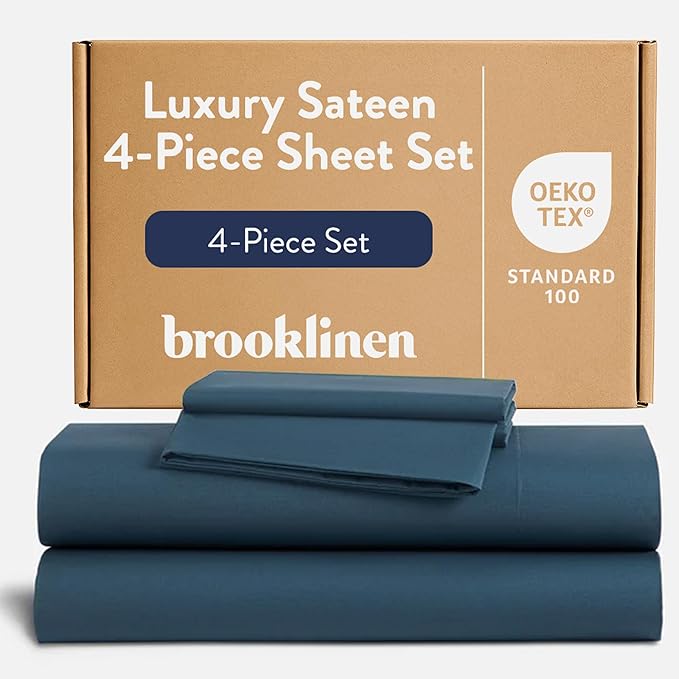 Brooklinen Luxury Sateen 4 Piece Sheet Set - 100% Cotton Bed Sheets, Soft & Durable Queen Size Sheets Set in Abyss Blue, Oeko-TEX Certified Bedding Set, 1 Fitted Sheet, 1 Flat Sheet, 2 Pillowcases