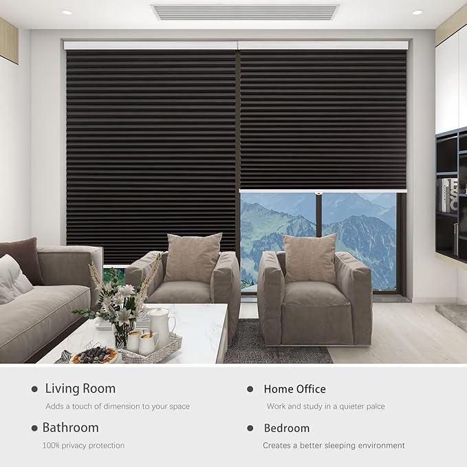 Changshade Blackout Cellular Shades Cordless Blinds for Indoor Windows, Room Darkening Honeycomb Pull Down 1.5" Cell for Bedroom, Bathroom, Nursey, Black, Shade Size 32.5 Inch Width, 72 Inch Height