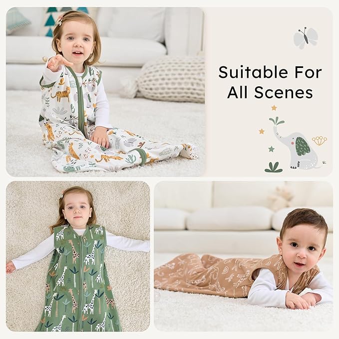 FIEMOL Baby Sleep Sack 6-12 months, 100% Cotton Sleeping Sack for Newborn and Infant, 3 Pack Baby Wearable Blanket for Boy and Girl, 0.5 Tog Lightweight Double Zipper Sleep Bag Green Brown Giraffe