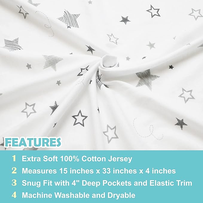 American Baby Company 15" x 33" Fitted Bassinet Sheet, Printed 100% Natural Cotton Jersey Knit, Super Stars, Soft Breathable, for Boys and Girls