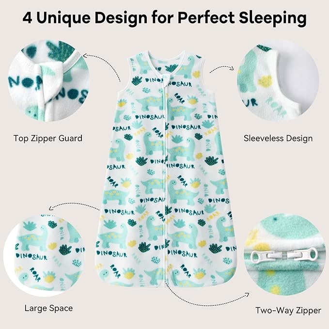 Unnivoll Fleece Baby Sleep Sack 0-6 Months 1.0 Tog Baby Wearable Blanket Microfleece Sleeping Sack with 2-Way Zipper for Newborn Infant Green & White Dinosaur