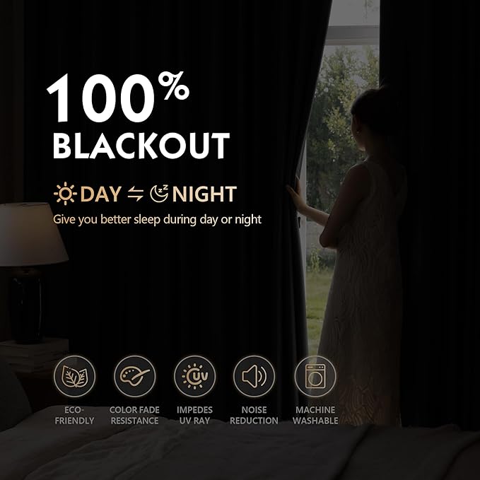 FMFUNCTEX 100% Blackout Curtains for Bedroom, Black Curtains 96 Inches Long Textured Thermal Insulated Curtains for Living Room Drapes, Black Out Drapery Grommet Room Darkening 2 Panels