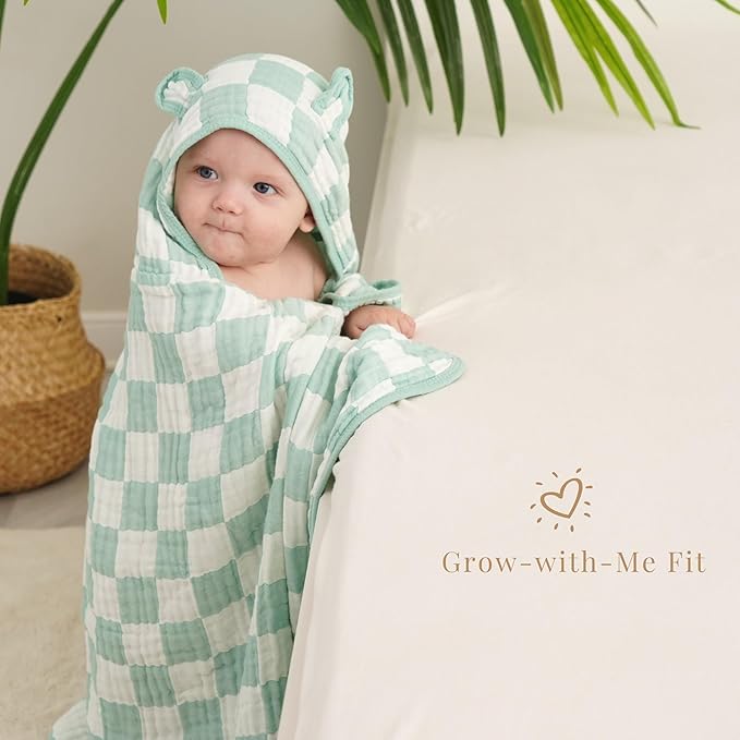Ultra-Soft Muslin Toddler Hooded Towel - 55 x 28 Inches, Ideal for Bath & Beach, Suitable for Both Boys & Girls from Newborns to Toddlers Green Check