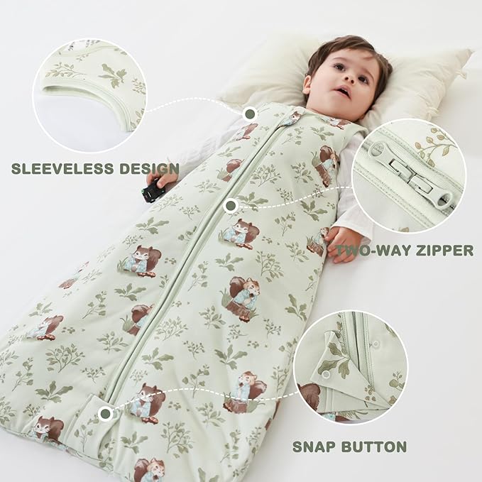 Mosebears Sleep Sack Baby Winter Wearable Blanket with 2-Way Zipper,2.5 TOG Cotton Sleep Sack Unisex(Green Animal,0-6 Months)