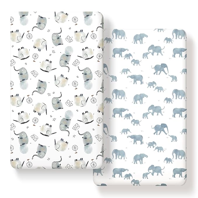 GRSSDER Stretchy Ultra Soft Jersey Knit Fitted Crib Sheets Set 2 Pack，Universal Fit All Standard Crib Mattress Pads Safe and Snug, Stylish Crib Fitted Sheet for Boys and Girls, Cute Elephant