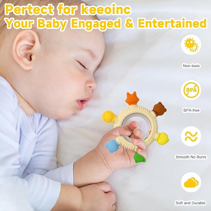Sensory Toys for Babies, 2 Pack Baby Teething Rings Toys for 0-3 3 6-12 Months Baby Rattle Teether Silicone Teether Relief Chew Soothing,BPA Free,Sore Gums Babys Teethers Toys