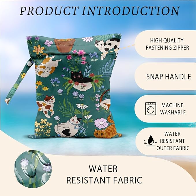 Cat Wet Bags 12x10 Inch, Flowers Waterproof Wet Dry Bags, Colorful Floral Reusable Washable Travel Laundry Bag for Swimsuit Beach Diapers Dirty Yoga Gym Clothes, Cat Gifts for Women Friend Travelers