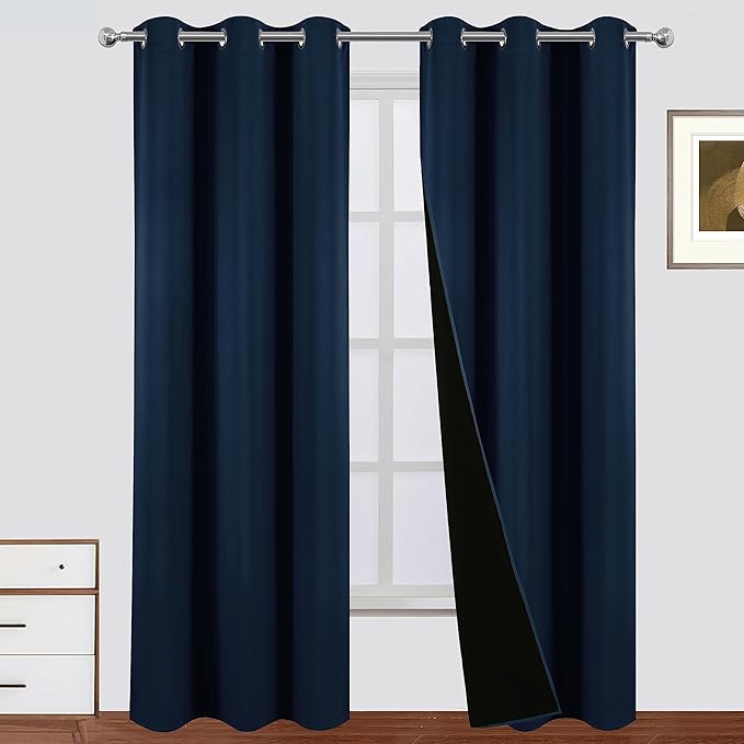 LEMOMO 100% Blackout Curtains 38 x 84 Inch Navy Blue Curtains 2 Panels Darkening Thermal Insulated Bedroom Curtains