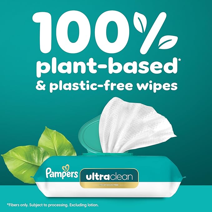 Pampers Ultra Clean Baby Wipes (Previously 'Free & Gentle'), 99% Water, Hypoallergenic, Unscented, 100% Plant Based, Plastic-Free, 624 Baby Wipes Total (8X Flip-Top Packs) [Packaging May Vary]