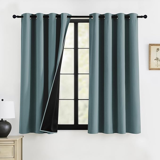 RYB HOME 100% Blackout Curtains 63 inches Length, Thermal Insulated Total Room Darkening Noise Reducing 2 Panel Curtains for Bedroom Office, 52 inches Wide by 63 inches Long, Dusty Blue