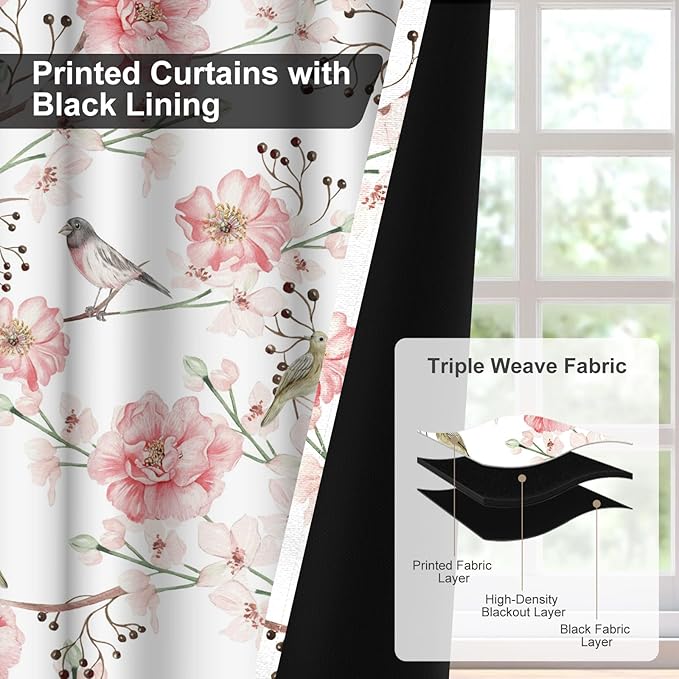 Birds and Pink Floral Soundproof Blackout Curtains for Girls Room and Nursery, Blackout Curtains for Bedroom 63 Inches Long, Light Filtering Thermal Insulated Black Out Privacy Curtains 2 Panels Set