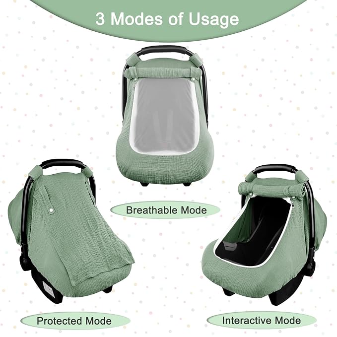 Hooyax Muslin Car Seat Covers for Babies, Summer Baby Car Seat Cover for Boys Girls with Breathable Window, Lightweight Infant Car Seat Canopy, Green