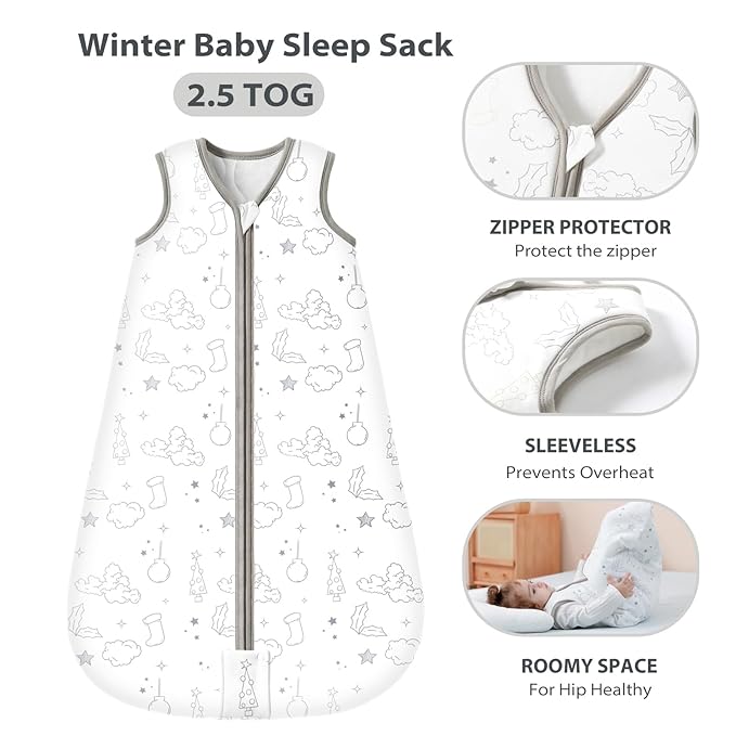 Mosebears Sleep Sack Baby Winter Wearable Blanket with 2-Way Zipper,2.5 TOG Cotton Sleep Sack Unisex (White Cloud, 18-24 Months)