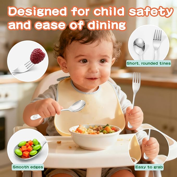 CMSFAM Stainless Steel Toddler Utensils Set - 12 Pieces Kids Silverware Set Children Safe Food Grade Small Forks and Spoons Dishwasher Safe Mirror Polished