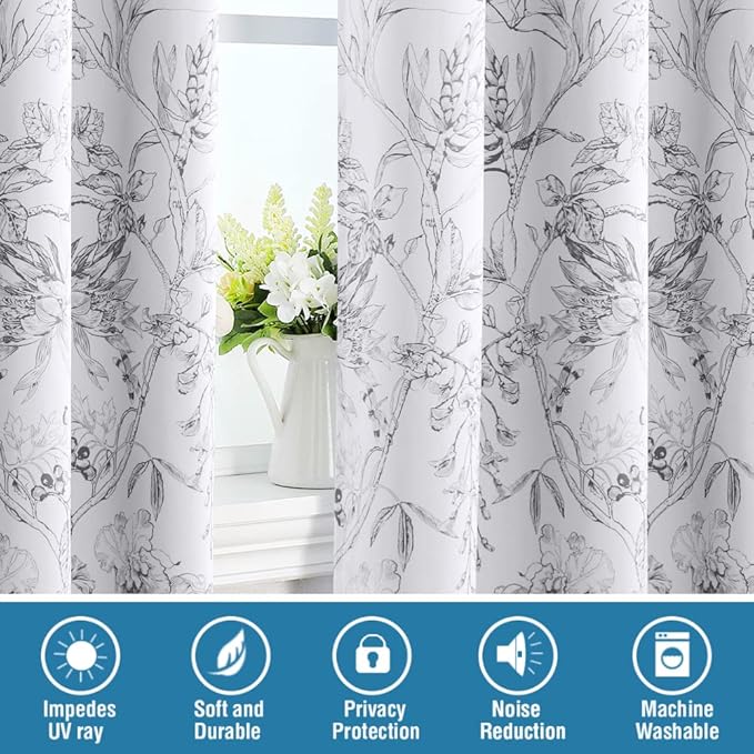 H.VERSAILTEX 100% Blackout Curtains for Living Room Camellia Floral Blackout Curtains 108 Inches Long Light Blocking Window Treatment Curtains with Black Liner Grommet Thermal Drapes, 2 Panels, Grey