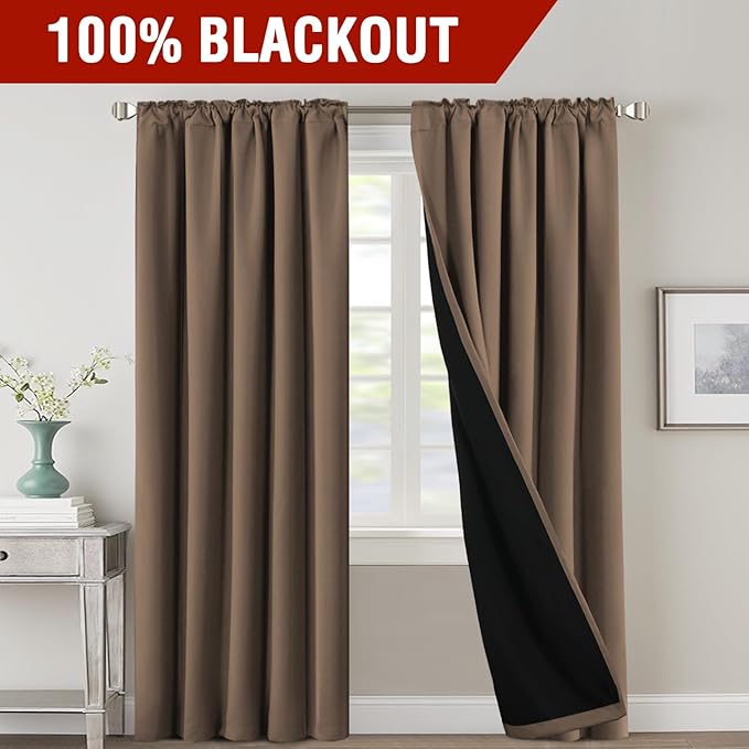 H.VERSAILTEX 100% Blackout Curtains for Bedroom with Black Liner Full Room Darkening Curtains Thermal Insulated Back Tab/Rod Pocket Window Drapes for Living Room, 2 Panels, 42 x 84 Inch, Macchiato