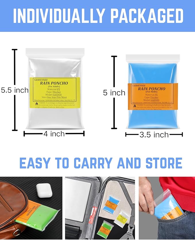 Rain Ponchos for Adults, Kids & Family - 4, 8, 9 & 16 Pack Options - Extra Thick, Tear-Resistant with Hood
