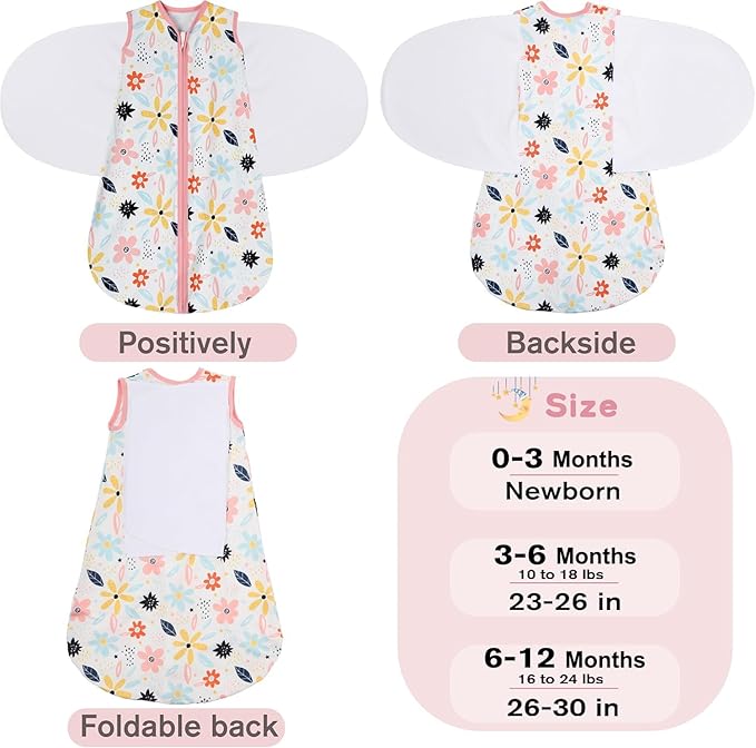 BSTOPPT Newborn Sleep Sack Baby Swaddle,6-12 Months,3-Way Adjustable Wearable Blanket,100% Rayon Cotton Swaddling Sleeping Bag，TOG 0.5（Heart&Floral）