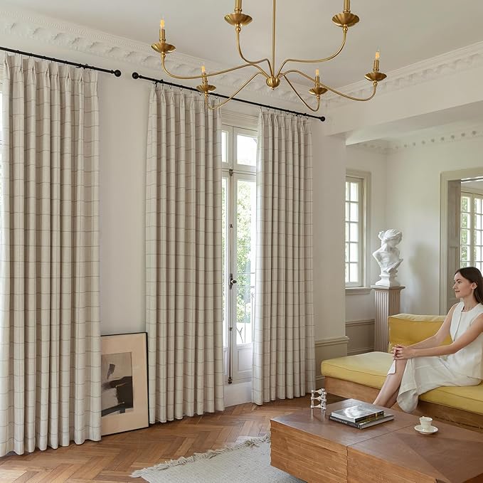 Linen Plaid Blackout Curtains for Living Room,Bedroom,Dining Room 95 Inches Long Gingham Double Layer 2 Panels Set Luxury and Modern Printed Design Darkening Pinch Pleated
