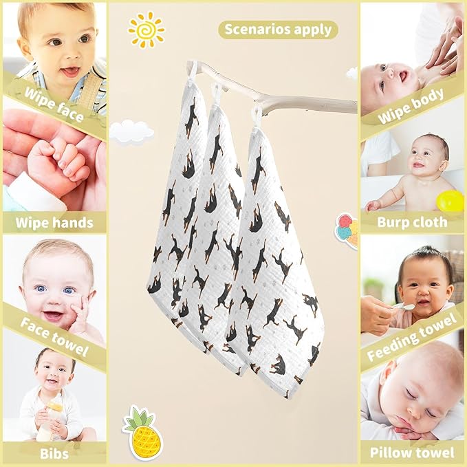 vvfelixl Baby Cotton Washcloths Exercises Doberman Dog Infants Bath Towel for Unisex Puppy Face Towels for Newborn, Natural Baby Wipes Delicate Skin, 11.8 X 11.8 inch, one sizex3