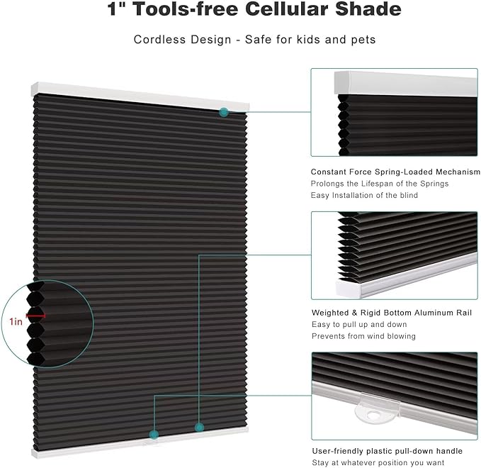 Changshade Blackout Blinds, Cordless Cellular Shades, Honeycomb Blackout Shades, Room Darkening Blinds, Pull Down Window Shades, Easy to Install Honeycomb Window Blinds, 30" W x 72" H, Black