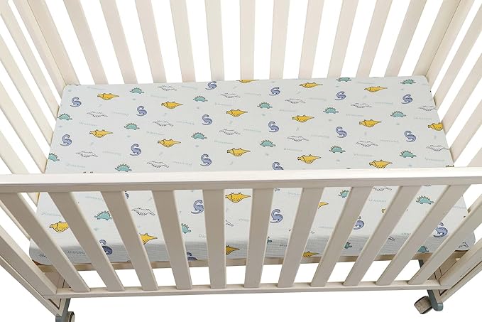 Onacosht Muslin Crib Sheets for Boys Girls, Soft Breathable 100% Cotton Baby Fitted Sheet 52" x 28" for Standard Toddler Crib Mattress, 2 Pack, Dinosaur and Light Green