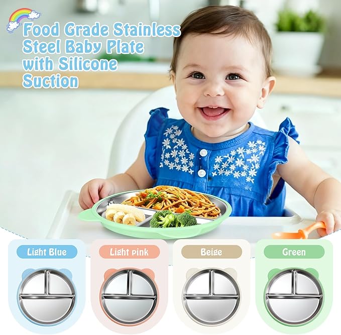 Thrseely 4 Pack Stainless Steel Toddler Plates with Suction - 9" Kids Divided Plates Removable Silicone Sleeves for Baby Led Weaning, Bear Ear Design Non Slip BPA-Free Dishwasher Safe