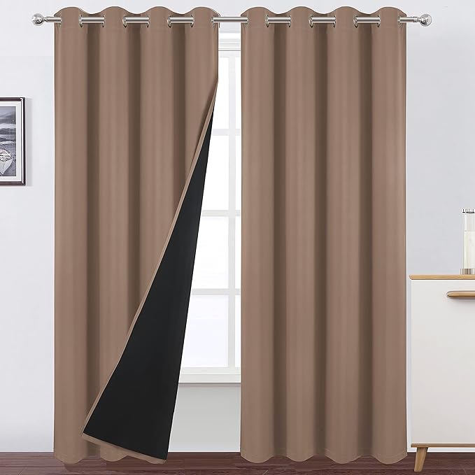 LEMOMO 100% Blackout Cappuccino Curtains with Black Lining/52 x 84 Inch/Set of 2 Panels Thermal Insulated Room Darkening Curtains for Bedroom