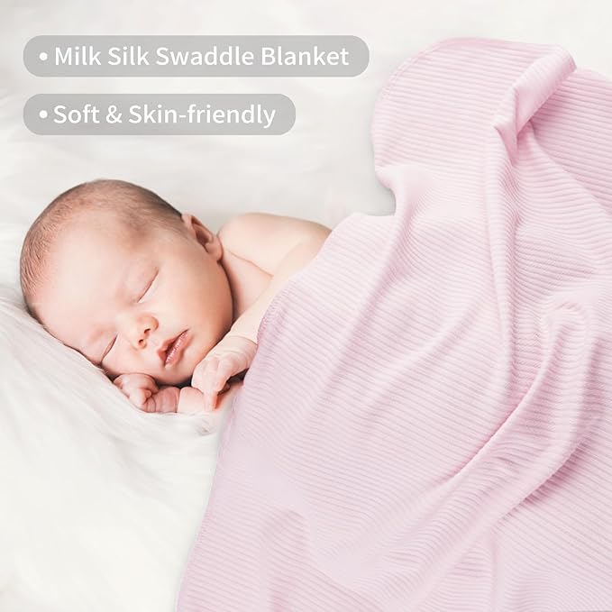 Viviland Jersey Swaddle Blanket, Ultra Soft Stretchy Receiving Blanket, Baby Girl Newborn Rainbow Swaddle Wrap, 40 x 30 inches, 2 Pcs, Pink Leaf