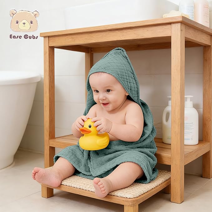 3-Pack Muslin Hooded Baby Towels, 100% Cotton, Ultra-Soft & Absorbent Baby Bath Towels with Hood for Babies, Infant, Toddler and Newbron (Emerald Series,32" x 32")