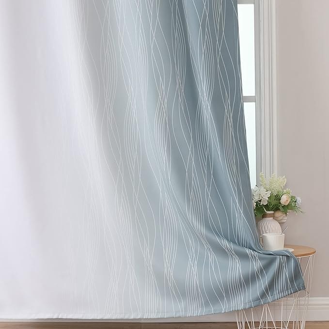Estelar Textiler Stone Blue and Greyish White Ombre Blackout Curtains 72 Inches Length for Bedroom, Thermal Insulated Light Blocking Grommet Gradient Blackout Drapes for Living Room, 42Wx72L, 2 Panels