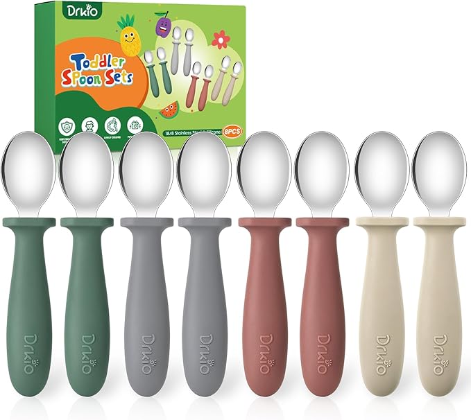 DRKIO 8 PCS Toddler Spoons Set - Baby Spoons with Silicone Handle Children safe 18/8 Stainless Steel Toddler Utensils Set for Self Feeding Kids Silverware Anti-Choke Design Food Grade Dishwasher Safe