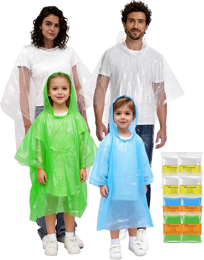 Rain Ponchos for Adults, Kids & Family - 4, 8, 9 & 16 Pack Options - Extra Thick, Tear-Resistant with Hood