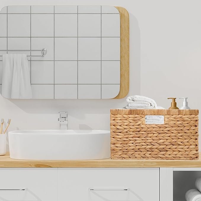 Large 17"x16"x9" (Set of 3) Water Hyacinth Woven Storage Basket – Handmade Natural Wicker Baskets Organizer Bin with Handles for Closet, Shelves, Laundry & Living Room (Natural (3 Pack))