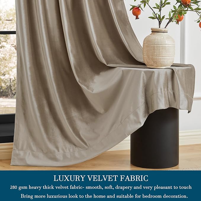 PRIMROSE Taupe Curtains 96 inch for Living Room,2 Panels Velvet Drapes Blackout Rod Pocket Back Tab Window Treatment Room Darkening Decorative Thick Curtains for Bedroom