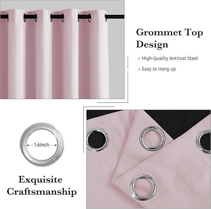 RYB HOME Pink Blackout Curtains for Girls Bedroom, 2 Panels 100% Blackout Thermal Insulated Noise Reducing Window Drapes for Kids Baby Room, 52 inches Wide by 84 inches Long, Baby Pink