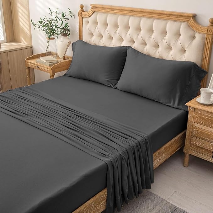 PURE ERA Jersey Knit 4pc Bed Sheet Set 100% T-Shirt Cotton Super Soft Comfy Breathable Fits Mattress Up to 20" Extra Deep Pocket (Solid Deep Grey, Queen)