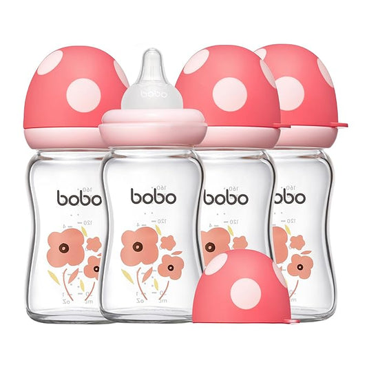 YOHKOH Natural Glass Baby Bottle with Level 1 Slow Flow Nipple, Newborn Anti-Colic Baby Bottles, Wide Neck Mushroom Baby Glass Bottle ((5.4oz (Pack of 4), Red-1)