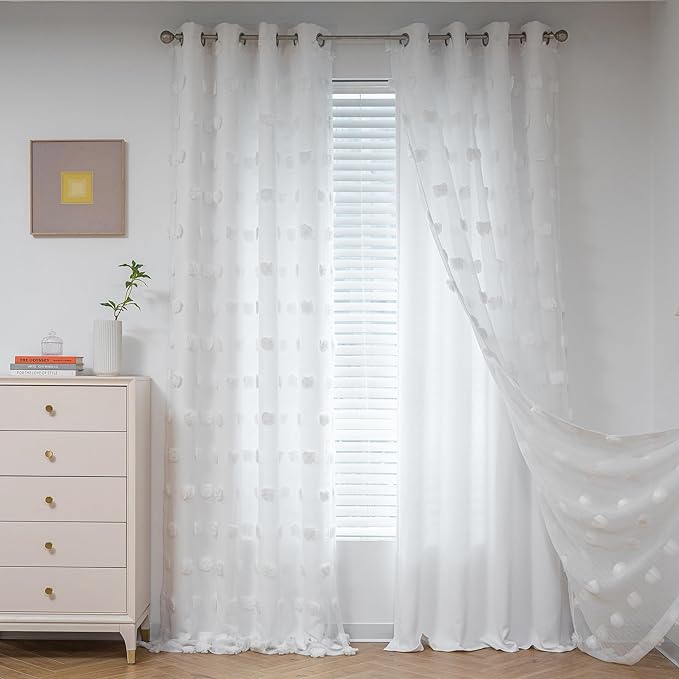 MYSKY HOME Light Blocking White Curtains for Living Room White Sheer Pom Pom Kids Room Decor Drapes 102 Inches Long Double Layer Curtain for Sliding Door Grommet Window Panels Set of 2 52" x 102"