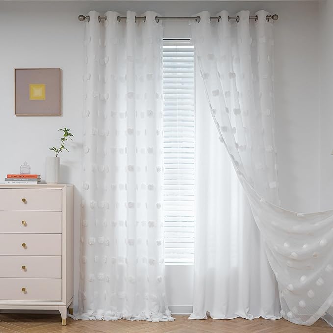 MYSKY HOME White Curtains for Kids Room & Nursery - 72 Inch Long Double Layer Sheer Curtains with Pom Poms & Grommets for Girls Bedroom & Living Room - Darkening Panels W52 X L72