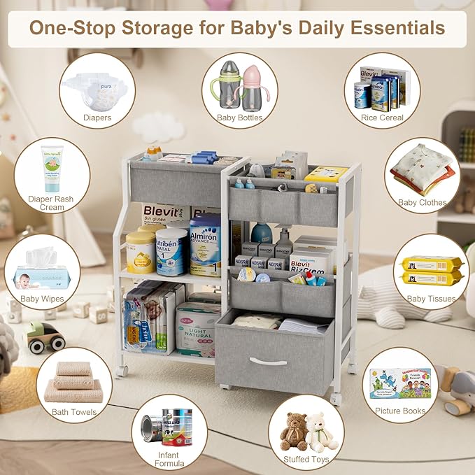 Baby Diaper Caddy Organizer and Storage, 3 Tier Rolling Cart with Dividers and Drawers, Mobile Utility Cart with Wheels for Nursery, Bedroom, Baby Newborn Essentials Storage Cart, White